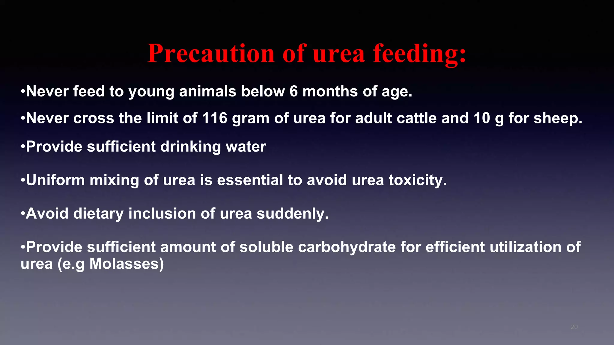 Precaution of urea feeding:
•Never feed to young animals below 6 months of age.
•Never cross the limit of 116 gram of urea for adult cattle and 10 g for sheep.
•Provide sufficient drinking water
•Uniform mixing of urea is essential to avoid urea toxicity.
•Avoid dietary inclusion of urea suddenly.
•Provide sufficient amount of soluble carbohydrate for efficient utilization of
urea (e.g Molasses)
20
 