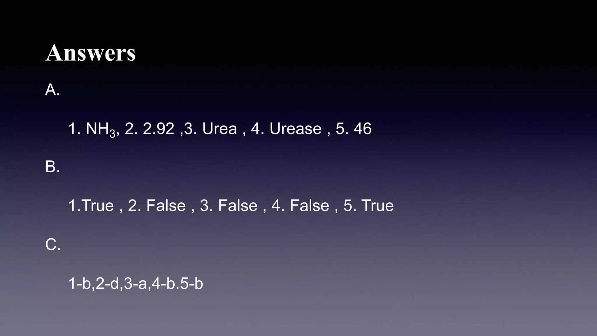 Answers
A.
1. NH3, 2. 2.92 ,3. Urea , 4. Urease , 5. 46
B.
1.True , 2. False , 3. False , 4. False , 5. True
C.
1-b,2-d,3-a,4-b.5-b
 