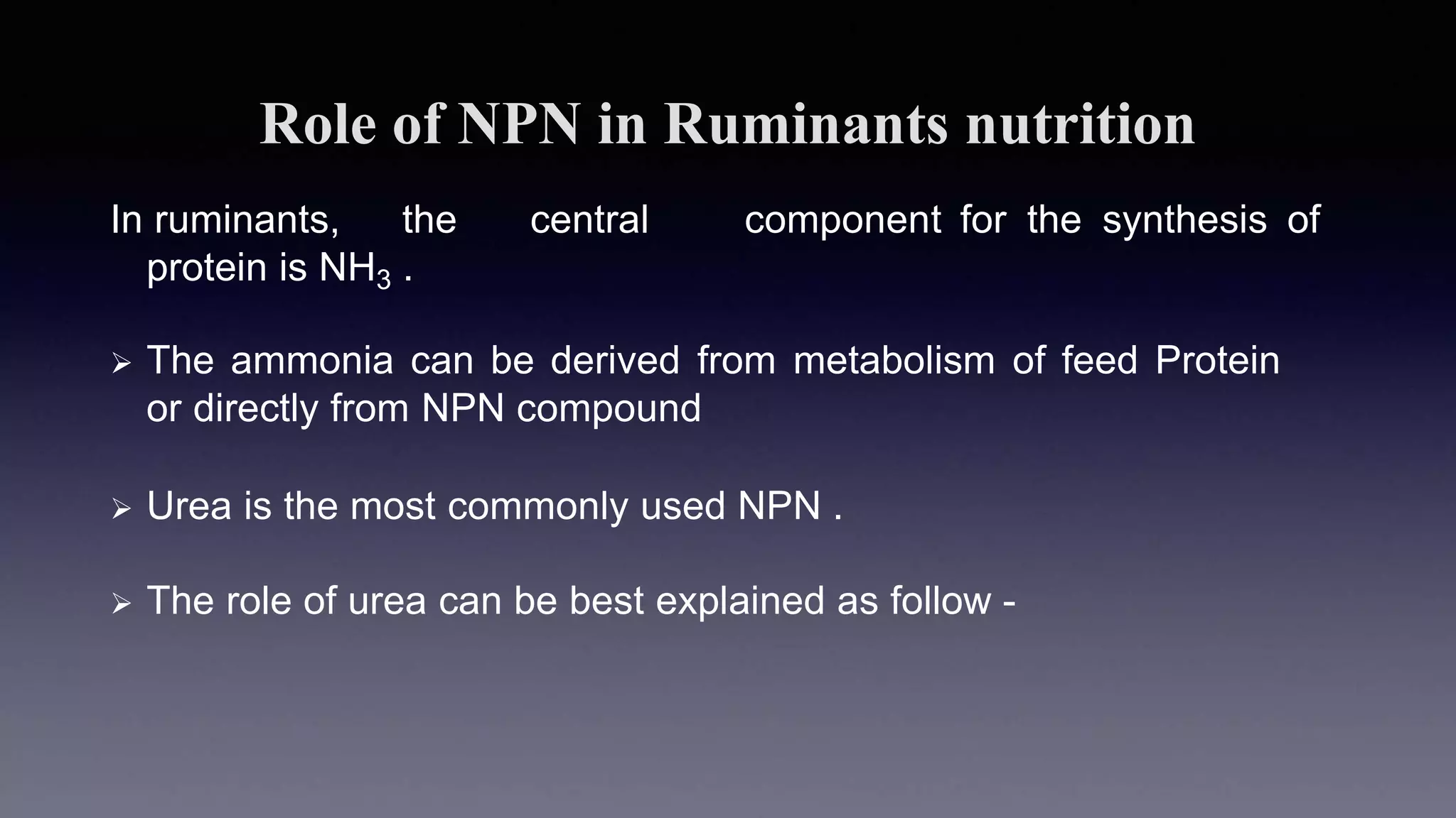 Role of NPN in Ruminants nutrition
In ruminants, the central component for the synthesis of
protein is NH3 .
 The ammonia can be derived from metabolism of feed Protein
or directly from NPN compound
 Urea is the most commonly used NPN .
 The role of urea can be best explained as follow -
 