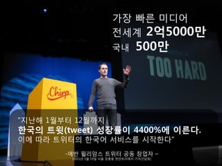 가장 빠른 미디어
                          전세계 2억5000만
                          국내        500만




"지난해 1월부터 12월까지
한국의 트윗(tweet) 성장률이 4400%에 이른다.
이에 따라 트위터의 한국어 서비스를 시작한다“
        -에반 윌리암스 트위터 공동 창업자 –
         (2011년 1월 19일 서울 장충동 반얀트리에서 기자간담회)
 