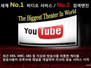 세계   No.1   비디오 서비스 /   No.2   검색엔진




최근 KBS, MBC, SBS 등 지상파 방송사를 비롯한 케이블
방송사들이 유투브에 채널을 개설하여 자사의 방송 서비스 시작
 