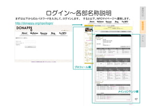 運
                                                           用
                                                           方
                                                           法
                       ログイン～各部名称説明
まずは以下からIDとパスワードを入力して、ログインします。 すると以下、NPOマイページへ遷移します。
                                                               管
http://donappy.org/npo/login/                                  理
                                                               画
                                                               面


                                                               メ
                                                               ー
                                                               ル




                                プロフィール欄




                                             メインコンテンツ欄

                                                      17
 