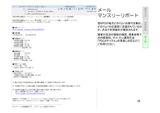 運
                      用
メール                   方
                      法
マンスリーリポート
                          管
貴NPOが毎月どのくらいの寄付を集め、       理
                          画
どのくらいの応援者に支援されているの        面
か、月次で利用統計が報告されます。
被寄付状況の推移の確認、理事会等で         メ
の内部資料、マイバトン運用方法           ー
                          ル
「PDCAサイクル」の見直し対応などに
ご利用ください。




                 28
 