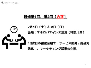 7
研修第1回、第2回【合宿】
7月1日（土）＆ 2日（日）
会場：マホロバマインズ三浦（神奈川県）
1泊2日の強化合宿で「サービス開発 / 商品力
強化」。マーケティング活動の企画。
1．NPO「マーケソン」とは
 