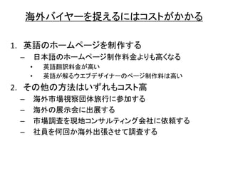 海外 捉
1. 英語 制作
– 日本語 制作料金 高
• 英語翻訳料金 高
• 英語 解 制作料 高
2. 他 方法 高
– 海外市場視察団体旅行 参加
– 海外 展示会 出展
– 市場調査 現地 会社 依頼
– 社員 何回 海外出張 調査
 