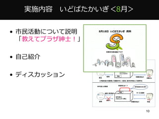実施内容 いどばたかいぎ＜8月＞
• 市民活動について説明
「教えてプラザ紳士！」
• 自己紹介
• ディスカッション
10
8月18日 いどばたかいぎ 資料
 