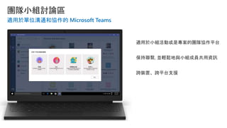 適用於單位溝通和協作的 Microsoft Teams
適用於小組活動或是專案的團隊協作平台
保持聯繫, 並輕鬆地與小組成員共用資訊
跨裝置、跨平台支援
 