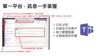 • 公私分明
• 討論及文件集中
• 減少實體會議
• 企業級資安防護
結合 Skype For Business Online 視訊會議平台，可私訊可群聊
結合 Exchange Online 大信箱，行事曆一目了然
結合 SharePoint Online 文件資料庫，文件集中
自由釘選重要資訊，網頁、OneNote、Power BI 等
針對主題討論串回覆，便於追蹤
單一平台，訊息一手掌握
 