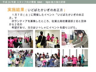 平成 28 年度 スタッフ向け環境 NGO ・ NPO 能力強化研修
実施結果（いどばたかいぎのお正月）
　 1 月 7 日（土）に開催したイベント「いどばたかいぎのお正
月」で
　ボランティアを募集したところ、佐賀北高校書道部２名と団体
から２名の
　希望があり、当日はいっしょにイベントを盛り上げた。
 