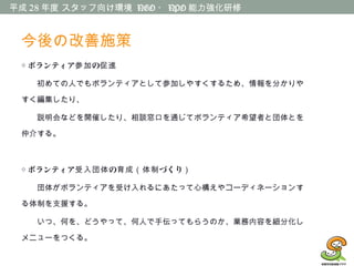 平成 28 年度 スタッフ向け環境 NGO ・ NPO 能力強化研修
今後の改善施策
◇ ボランティア の参加 促進
　　初めての人でもボランティアとして参加しやすくするため、情報を分かりや
すく編集したり、
　　説明会などを開催したり、相談窓口を通じてボランティア希望者と団体とを
仲介する。
◇ ボランティア の づくり受入団体 育成（体制 ）
　　団体がボランティアを受け入れるにあたって心構えやコーディネーションす
る体制を支援する。
　　いつ、何を、どうやって、何人で手伝ってもらうのか、業務内容を細分化し
メニューをつくる。
 