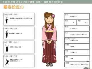 平成 28 年度 スタッフ向け環境 NGO ・ NPO 能力強化研修
名前　　
　　　　砥綿ゆうか
性別
　　　　　　女
年齢　
　　　　　 20 才
職業　　　
　　　　大学 2 年生
収入　　
　　　　月 5 万（バイト代＋奨学金）
住んでいるところ
　　　　佐賀大学付近
出身地　　
　　　　福岡県
　　　　　　　
家族 　
　　　　一人暮らし
　　
趣味　　　
　　　　料理
　　　　履歴書の PR 欄に書く内容が浮かば
ない
どんなことで困っている？
どんなことで悩んでいる？
どんな不満を持っている？
どんなことを望んでいる？
　　就職活動に対する不安
　　　　長期間の参加は無理
　　　　就職活動を前提とした
　　　　社会貢献をしたい
　　　　　　　 価値観　　
　　　　就活でライバルに差を付けたい
顧客設定①
 