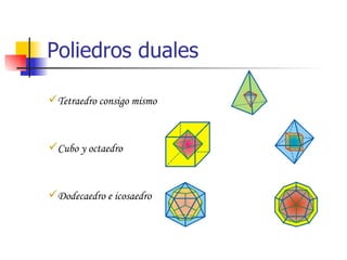 Poliedros duales Tetraedro consigo mismo Cubo y octaedro Dodecaedro e icosaedro 