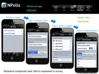 Check our app
                   CREATE

  Choose a model                                                          BASIC POLL
                    Step 1: Choose a Title
                                                                          CREATION
                                             Step 2: Select a Target

                                                                         Step 3: Create questions




Research companies take 30m to implement a survey                      NPolls © 2011, All rights reserved
 