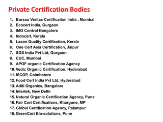 Private Certification Bodies
1. Bureau Veritas Certification India , Mumbai
2. Ecocert India, Gurgaon
3. IMO Control Bangalore
4. Indocert, Kerala
5. Lacon Quality Certification, Kerala
6. One Cert Asia Certification, Jaipur
7. SGS India Pvt Ltd, Gurgaon
8. CUC, Mumbai
9. APOF organic Certification Agency
10. Vedic Organic Certification, Hyderabad
11. ISCOP, Coimbatore
12. Food Cert India Pvt Ltd, Hyderabad
13. Aditi Organics, Bangalore
14. Intertek, New Delhi
15. Natural Organic Certification Agency, Pune
16. Fair Cert Certifications, Khargone, MP
17. Global Certification Agency, Palampur
18. GreenCert Bio-solutions, Pune
 