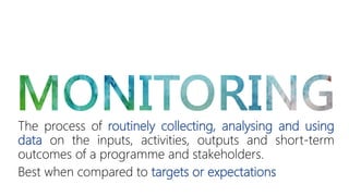 The process of routinely collecting, analysing and using 
data on the inputs, activities, outputs and short-term 
outcomes of a programme and stakeholders. 
Best when compared to targets or expectations 
 