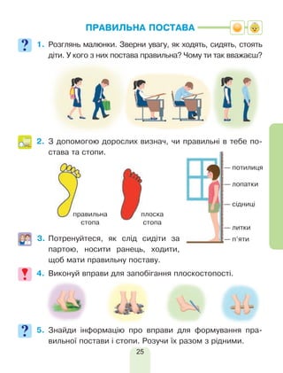 25
ПРАВИЛЬНА ПОСТАВА
1.	Розглянь малюнки. Зверни увагу, як ходять, сидять, стоять
діти. У кого з них постава правильна? Чому ти так вважаєш?
2.	З допомогою дорослих визнач, чи правильні в тебе по-
става та стопи.
3.	Потренуйтеся, як слід сидіти за
партою, носити ранець, ходити,
щоб мати правильну поставу.
4.	 Виконуй вправи для запобігання плоскостопості.
5.	Знайди інформацію про вправи для формування пра-
вильної постави і стопи. Розучи їх разом з рідними.
правильна
стопа
плоска
стопа
 