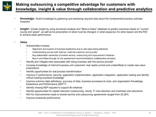 Making outsourcing a competitive advantage for customers with
    knowledge, insight & value through collaboration and predictive analytics

     Knowledge - Build knowledge by gathering and assessing required data about the fundamental business activities
      impacted

     Insight - Create insight by using structured analysis and “Best-in-Class” database to predict outcomes based on “current
      course and speed”, as well as be prescriptive on what must be changed; in what sequence; for what reason and the ROI
      to achieve peak performance

     Value
          Substantially increase
                Alignment and support of business leadership due to real value being delivered
                Understanding across both internal / external customer and provider
                Key stakeholder ownership of shared service, outsourcing and improvement initiatives
                Buy-in and follow through on the assessment recommendations (collaborative process)
          Identify and mitigate risks associated with doing business with the service provider
          Increase knowledge of internal business unit customers’ real needs (unmet and unidentified) to create new value
           propositions
          Identify opportunities for real process transformation
          Improve IT performance, security, application implementation, application integration, application testing and identify
           critical missing business knowledge
          Improve common data definitions, accuracy of data, business processes & costs, and organization Knowledge,
           Experience and Performance (KEPTM)
          Identify missing KEP required to support BI initiatives
          Identify opportunities for capital reduction (outsourcing, cloud), IT cost reduction and overhead cost reductions
          ROI for improvements made to shared service and outsourcing agreements ranged from 22-26%
          Improve enterprise performance




                      1992 – 2013 Confidential to The NorthPoint Group © Boston – Cleveland – Detroit - NYC                          8
                                         www.thenorthpointgroup.net All Rights Reserved
 