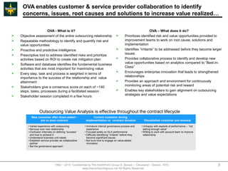 OVA enables customer & service provider collaboration to identify
     concerns, issues, root causes and solutions to increase value realized…

                        OVA - What is it?                                                                         OVA – What does it do?
   Objective assessment of the entire outsourcing relationship                               Prioritizes identified risk and value opportunities provided to
   Repeatable methodology to identify and quantify risk and                                   improvement teams to work on root cause, solutions and
    value opportunities                                                                        implementation
   Proactive and predictive intelligence                                                     Identifies “irritants” to be addressed before they become larger
                                                                                               issues
   Prescriptive tool to address identified risks and prioritize
    activities based on ROI to create risk mitigation plan                                    Provides collaborative process to identify and develop new
                                                                                               value opportunities based on analytics compared to “Best-in-
   Software and database identifies the fundamental business
                                                                                               Class”
    activities that are most important for maximizing value
                                                                                              Encourages enterprise innovation that leads to strengthened
   Every step, task and process is weighted in terms of
                                                                                               relationships
    importance to the success of the relationship and value
    attainment                                                                                Provides an approach and environment for continuously
                                                                                               monitoring areas of potential risk and reward
   Stakeholders give a consensus score on each of ~140
    steps, tasks, processes during a facilitated session                                      Enables key stakeholders to gain alignment on outsourcing
                                                                                               strategies and value expectations
   Stakeholder session completed in a few hours



                   Outsourcing Value Analysis is effective throughout the contract lifecycle
           New customer after down-select -                    Current customer during
                 pre or post contract                     implementation or contract duration                 Dissatisfied customer pre-renewal

         • Varied experience with outsourcing            • Immature internal governance process and         • Unhappy with aspects of performance – “not
         • Nervous over new relationship                   experience                                         adding enough value”
         • Confusion internally on defining “success”    • Focused solely on SLA performance                • Willing to work with account team to improve
           and how to achieve it                         • Difficulty identifying “irritants” before they     relationship
         • Understand business unit needs                  become significant issues
         • Establish service provider as collaborative   • Not sure how to engage on value-added
           partner                                         innovation
         • Set the governance approach




                                 1992 – 2013 Confidential to The NorthPoint Group © Boston – Cleveland – Detroit - NYC                                       9
                                                    www.thenorthpointgroup.net All Rights Reserved
 