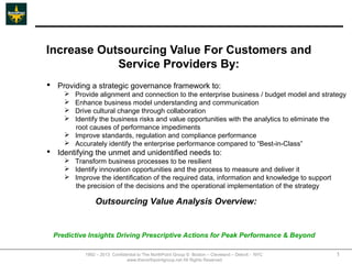 Increase Outsourcing Value For Customers and
            Service Providers By:
 Providing a strategic governance framework to:
      Provide alignment and connection to the enterprise business / budget model and strategy
      Enhance business model understanding and communication
      Drive cultural change through collaboration
      Identify the business risks and value opportunities with the analytics to eliminate the
       root causes of performance impediments
      Improve standards, regulation and compliance performance
      Accurately identify the enterprise performance compared to “Best-in-Class”
 Identifying the unmet and unidentified needs to:
      Transform business processes to be resilient
      Identify innovation opportunities and the process to measure and deliver it
      Improve the identification of the required data, information and knowledge to support
       the precision of the decisions and the operational implementation of the strategy

               Outsourcing Value Analysis Overview:


 Predictive Insights Driving Prescriptive Actions for Peak Performance & Beyond

           1992 – 2013 Confidential to The NorthPoint Group © Boston – Cleveland – Detroit - NYC   1
                              www.thenorthpointgroup.net All Rights Reserved
 