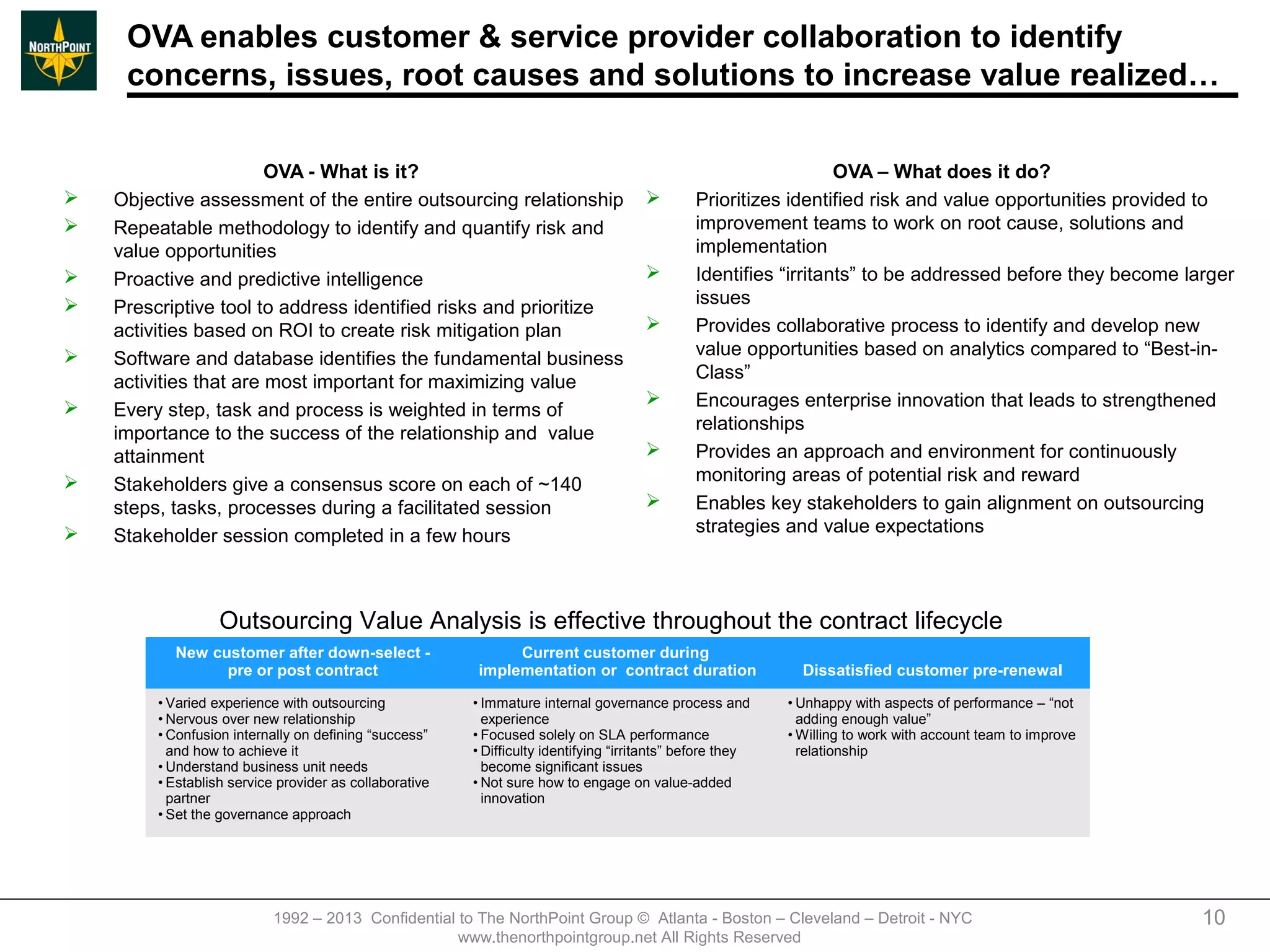 OVA enables customer & service provider collaboration to identify
     concerns, issues, root causes and solutions to increase value realized…

                        OVA - What is it?                                                                         OVA – What does it do?
   Objective assessment of the entire outsourcing relationship                               Prioritizes identified risk and value opportunities provided to
   Repeatable methodology to identify and quantify risk and                                   improvement teams to work on root cause, solutions and
    value opportunities                                                                        implementation
   Proactive and predictive intelligence                                                     Identifies “irritants” to be addressed before they become larger
                                                                                               issues
   Prescriptive tool to address identified risks and prioritize
    activities based on ROI to create risk mitigation plan                                    Provides collaborative process to identify and develop new
                                                                                               value opportunities based on analytics compared to “Best-in-
   Software and database identifies the fundamental business
                                                                                               Class”
    activities that are most important for maximizing value
                                                                                              Encourages enterprise innovation that leads to strengthened
   Every step, task and process is weighted in terms of
                                                                                               relationships
    importance to the success of the relationship and value
    attainment                                                                                Provides an approach and environment for continuously
                                                                                               monitoring areas of potential risk and reward
   Stakeholders give a consensus score on each of ~140
    steps, tasks, processes during a facilitated session                                      Enables key stakeholders to gain alignment on outsourcing
                                                                                               strategies and value expectations
   Stakeholder session completed in a few hours



                   Outsourcing Value Analysis is effective throughout the contract lifecycle
           New customer after down-select -                    Current customer during
                 pre or post contract                     implementation or contract duration                 Dissatisfied customer pre-renewal

         • Varied experience with outsourcing            • Immature internal governance process and         • Unhappy with aspects of performance – “not
         • Nervous over new relationship                   experience                                         adding enough value”
         • Confusion internally on defining “success”    • Focused solely on SLA performance                • Willing to work with account team to improve
           and how to achieve it                         • Difficulty identifying “irritants” before they     relationship
         • Understand business unit needs                  become significant issues
         • Establish service provider as collaborative   • Not sure how to engage on value-added
           partner                                         innovation
         • Set the governance approach




                            1992 – 2013 Confidential to The NorthPoint Group © Atlanta - Boston – Cleveland – Detroit - NYC                                  10
                                                     www.thenorthpointgroup.net All Rights Reserved
 