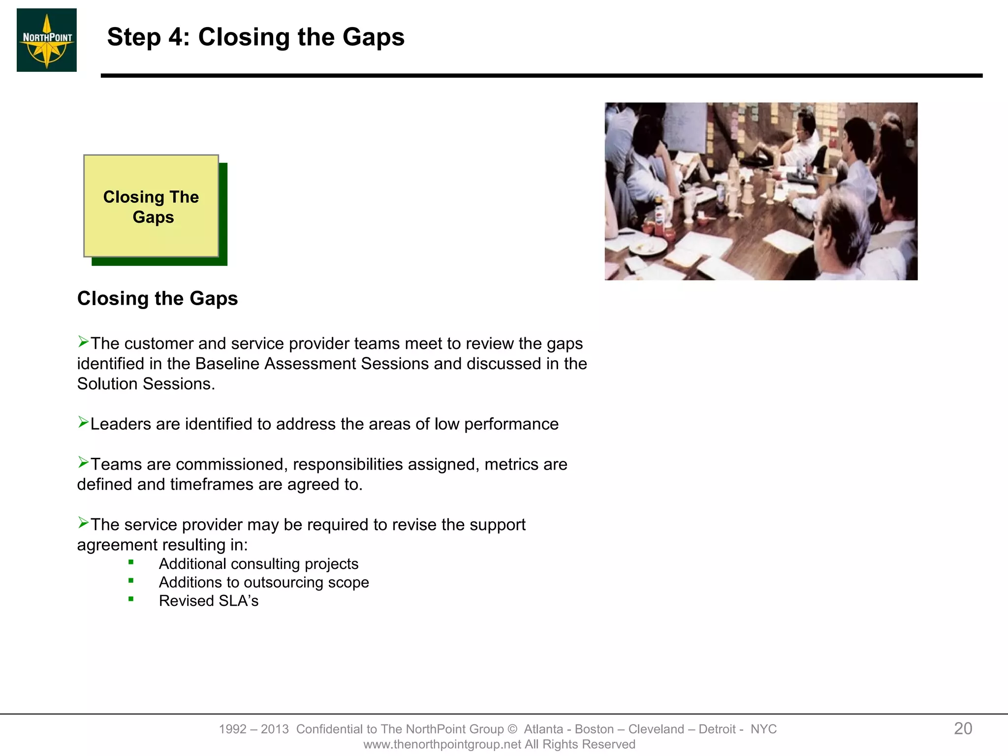 Step 4: Closing the Gaps




   Closing The
    Closing The
      Gaps
       Gaps



Closing the Gaps

The customer and service provider teams meet to review the gaps
identified in the Baseline Assessment Sessions and discussed in the
Solution Sessions.

Leaders are identified to address the areas of low performance

Teams are commissioned, responsibilities assigned, metrics are
defined and timeframes are agreed to.

The service provider may be required to revise the support
agreement resulting in:
         Additional consulting projects
         Additions to outsourcing scope
         Revised SLA’s




                  1992 – 2013 Confidential to The NorthPoint Group © Atlanta - Boston – Cleveland – Detroit - NYC   20
                                          www.thenorthpointgroup.net All Rights Reserved
 