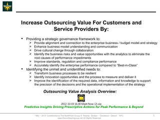 Increase Outsourcing Value For Customers and
            Service Providers By:
 Providing a strategic governance framework to:
      Provide alignment and connection to the enterprise business / budget model and strategy
      Enhance business model understanding and communication
      Drive cultural change through collaboration
      Identify the business risks and value opportunities with the analytics to eliminate the
       root causes of performance impediments
      Improve standards, regulation and compliance performance
      Accurately identify the enterprise performance compared to “Best-in-Class”
 Identifying the unmet and unidentified needs to:
      Transform business processes to be resilient
      Identify innovation opportunities and the process to measure and deliver it
      Improve the identification of the required data, information and knowledge to support
       the precision of the decisions and the operational implementation of the strategy

                  Outsourcing Value Analysis Overview:


                                     2012-10-03 16.00 Meet Now (2).zip
 Predictive Insights Driving Prescriptive Actions for Peak Performance & Beyond

         1992 – 2013 Confidential to The NorthPoint Group © Atlanta - Boston – Cleveland – Detroit - NYC   1
                                 www.thenorthpointgroup.net All Rights Reserved
 