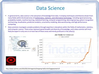 Data Science

In general terms, data science is the extraction of knowledge from data. It employs techniques and theories drawn from
many fields within the broad areas of mathematics, statistics, and information technology, including signal processing,
probability models, machine learning, statistical learning, computer programming, data engineering, pattern recognition
and learning, visualization, predictive analytics, uncertainty modeling, data warehousing, and high performance
computing.

Data scientists investigate complex problems through expertise in disciplines within the fields of mathematics, statistics,
and computer science. These areas represent great breadth and diversity of knowledge, and a data scientist will most
likely be expert in only one or at most two of these areas and merely proficient in the other(s).
http://www.forbes.com/sites/kashmirhill/2012/02/16/how-target-figured-out-a-teen-girl-was-pregnant-before-her-father-did/
http://www.nytimes.com/2012/02/19/magazine/shopping-habits.html?pagewanted=all
 