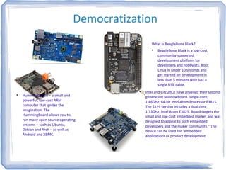 Democratization
What is BeagleBone Black?

BeagleBone Black is a low-cost,
community-supported
development platform for
developers and hobbyists. Boot
Linux in under 10 seconds and
get started on development in
less than 5 minutes with just a
single USB cable.

HummingBoard – a small and
powerful, low-cost ARM
computer that ignites the
imagination. The
HummingBoard allows you to
run many open source operating
systems – such as Ubuntu,
Debian and Arch – as well as
Android and XBMC.

Intel and CircuitCo have unveiled their second-
generation MinnowBoard. Single-core,
1.46GHz, 64-bit Intel Atom Processor E3815.
The $129 version includes a dual-core,
1.33GHz, Intel Atom E3825. Board targets the
small and low-cost embedded market and was
designed to appeal to both embedded
developers and the maker community." The
device can be used for "embedded
applications or product development
 