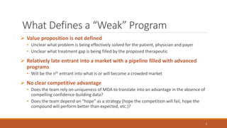 What Defines a “Weak” Program
 Value proposition is not defined
• Unclear what problem is being effectively solved for the patient, physician and payer
• Unclear what treatment gap is being filled by the proposed therapeutic
 Relatively late entrant into a market with a pipeline filled with advanced
programs
• Will be the nth entrant into what is or will become a crowded market
 No clear competitive advantage
• Does the team rely on uniqueness of MOA to translate into an advantage in the absence of
compelling confidence-building data?
• Does the team depend on “hope” as a strategy (hope the competition will fail, hope the
compound will perform better than expected, etc.)?
9
 