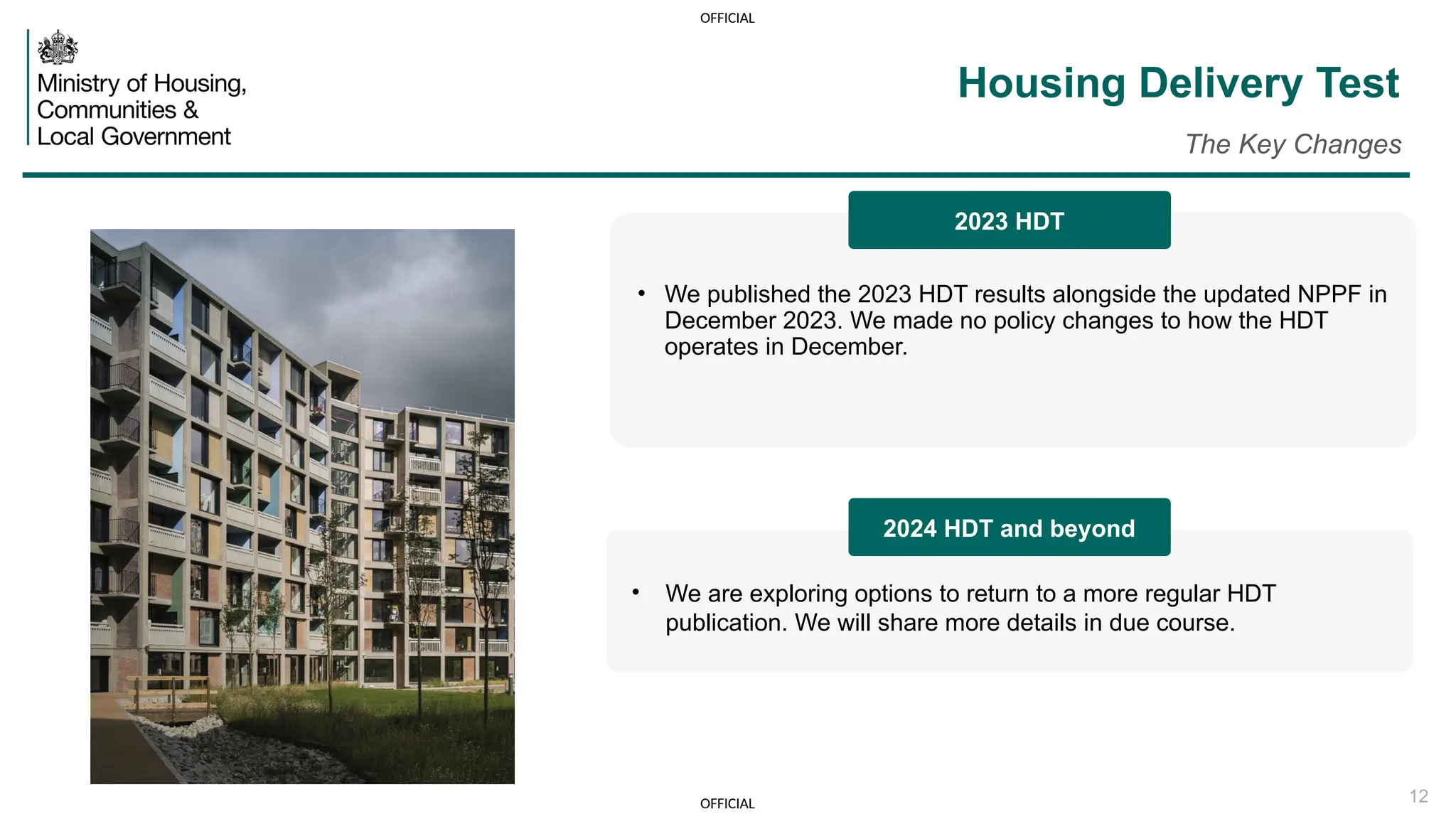 OFFICIAL
OFFICIAL
• We are exploring options to return to a more regular HDT
publication. We will share more details in due course.
12
Housing Delivery Test
The Key Changes
• We published the 2023 HDT results alongside the updated NPPF in
December 2023. We made no policy changes to how the HDT
operates in December.
2023 HDT
2024 HDT and beyond
 