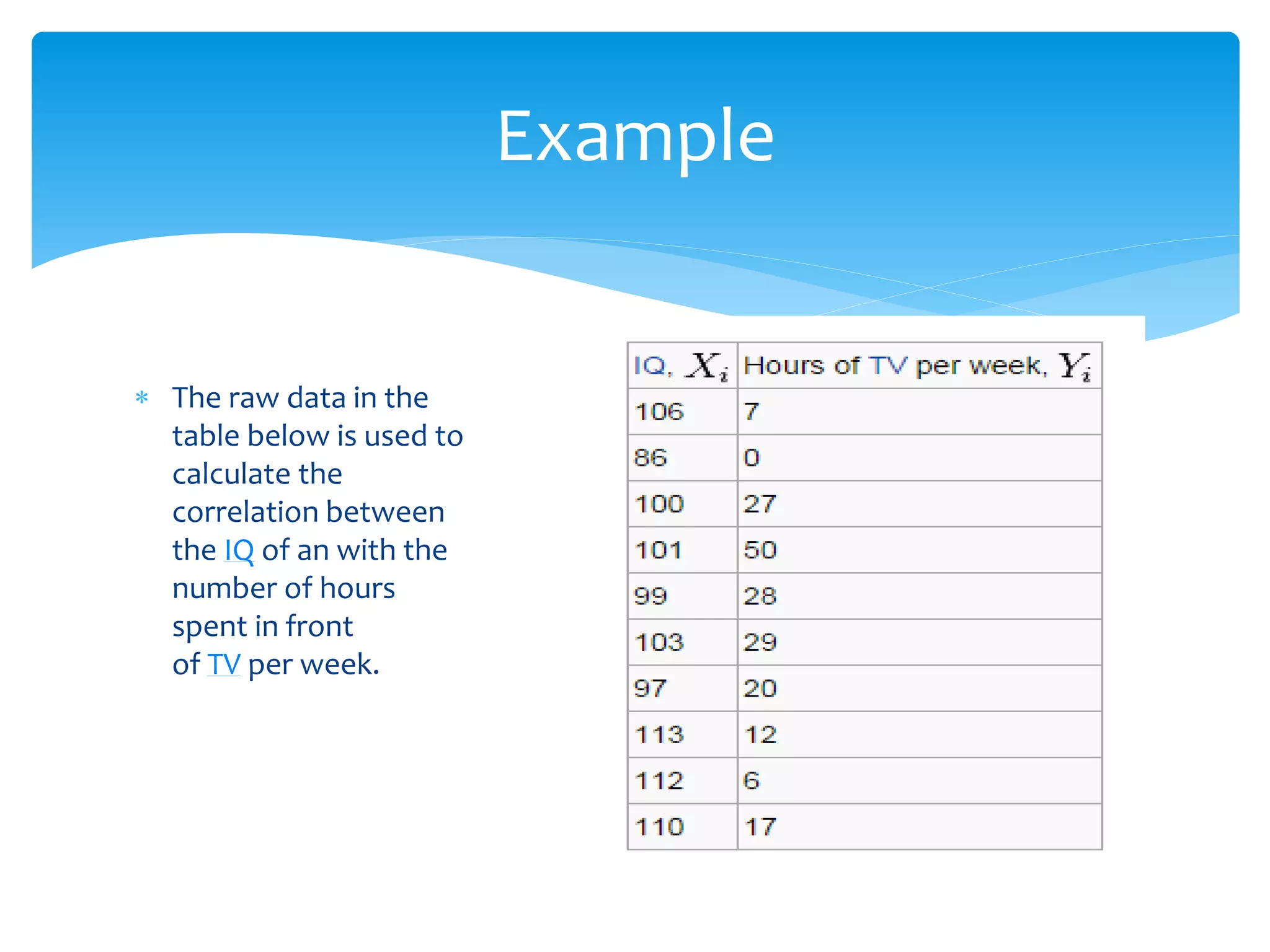  The raw data in the 
table below is used to 
calculate the 
correlation between 
the IQ of an with the 
number of hours 
spent in front 
of TV per week. 
Example 
 