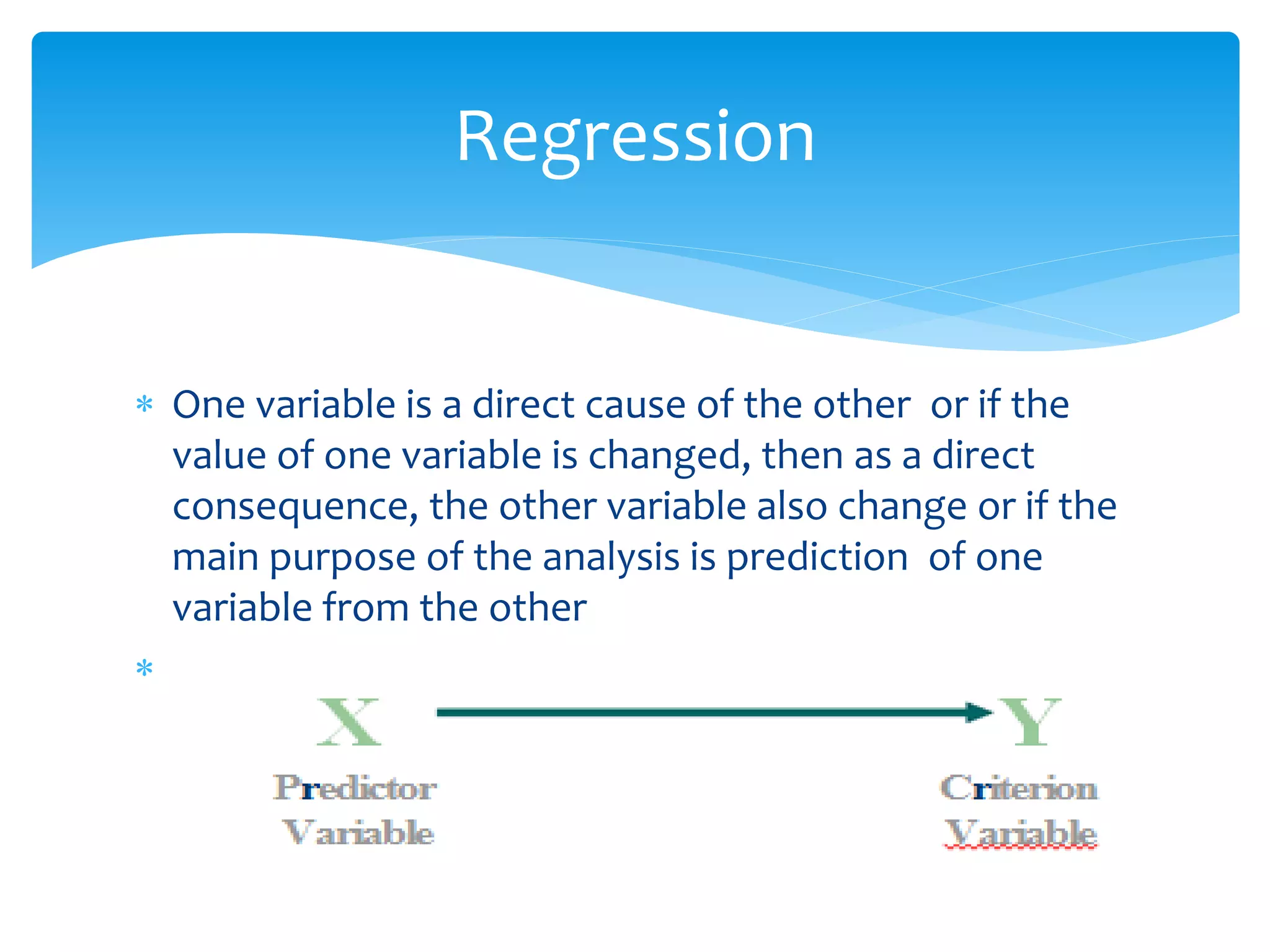 Regression 
 One variable is a direct cause of the other or if the 
value of one variable is changed, then as a direct 
consequence, the other variable also change or if the 
main purpose of the analysis is prediction of one 
variable from the other 
 
 