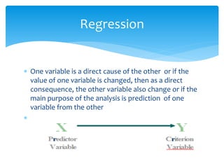 Regression 
 One variable is a direct cause of the other or if the 
value of one variable is changed, then as a direct 
consequence, the other variable also change or if the 
main purpose of the analysis is prediction of one 
variable from the other 
 
 