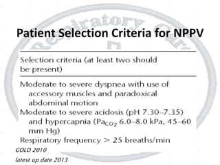 Patient Selection Criteria for NPPV
GOLD 2010
latest up date 2013
 