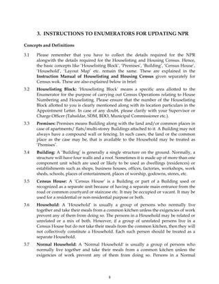 8
3. INSTRUCTIONS TO ENUMERATORS FOR UPDATING NPR
Concepts and Definitions
3.1 Please remember that you have to collect the details required for the NPR
alongwith the details required for the Houselisting and Housing Census. Hence,
the basic concepts like ‘Houselisting Block’, ‘Premises’, ‘Building’, ‘Census House’,
‘Household’, ‘Layout Map’ etc. remain the same. These are explained in the
Instruction Manual of Houselisting and Housing Census given separately for
Census wok. These are also explained below in brief:
3.2 Houselisting Block: ‘Houselisting Block’ means a specific area allotted to the
Enumerator for the purpose of carrying out Census Operations relating to House
Numbering and Houselisting. Please ensure that the number of the Houselisting
Block allotted to you is clearly mentioned along with its location particulars in the
Appointment Letter. In case of any doubt, please clarify with your Supervisor or
Charge Officer (Tahsildar, SDM, BDO, Municipal Commissioner etc.).
3.3 Premises: Premises means Building along with the land and/or common places in
case of apartments/ flats/multi-storey Buildings attached to it. A Building may not
always have a compound wall or fencing. In such cases, the land or the common
place as the case may be, that is available to the Household may be treated as
‘Premises’.
3.4 Building: A ‘Building’ is generally a single structure on the ground. Normally, a
structure will have four walls and a roof. Sometimes it is made up of more than one
component unit which are used or likely to be used as dwellings (residences) or
establishments such as shops, business houses, offices, factories, workshops, work
sheds, schools, places of entertainment, places of worship, godowns, stores, etc.
3.5 Census House: A ‘Census House’ is a Building or part of a Building used or
recognized as a separate unit because of having a separate main entrance from the
road or common courtyard or staircase etc. It may be occupied or vacant. It may be
used for a residential or non-residential purpose or both.
3.6 Household: A ‘Household’ is usually a group of persons who normally live
together and take their meals from a common kitchen unless the exigencies of work
prevent any of them from doing so. The persons in a Household may be related or
unrelated or a mix of both. However, if a group of unrelated persons live in a
Census House but do not take their meals from the common kitchen, then they will
not collectively constitute a Household. Each such person should be treated as a
separate Household.
3.7 Normal Household: A 'Normal Household' is usually a group of persons who
normally live together and take their meals from a common kitchen unless the
exigencies of work prevent any of them from doing so. Persons in a Normal
 