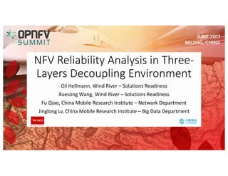 NFV	Reliability	Analysis	in	Three-
Layers	Decoupling	Environment
Gil	Hellmann,	Wind	River	– Solutions	Readiness
Xuesong Wang,	Wind	River	– Solutions	Readiness
Fu	Qiao,	China	Mobile	Research	Institute	– Network	Department
Jinglong Lv,	China	Mobile	Research	Institute	– Big	Data	Department
 