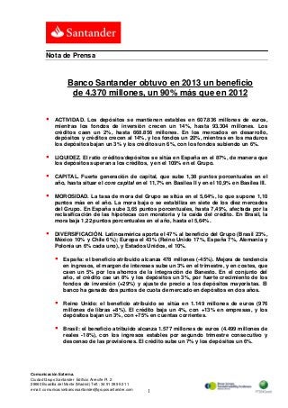 Banco Santander obtuvo en 2013 un beneficio de 4.370 millones, un 90% más que en 2012