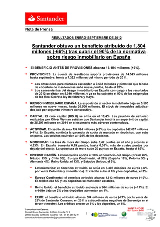 Nota de Prensa

                           RESULTADOS ENERO-SEPTIEMBRE DE 2012

      Santander obtuvo un beneficio atribuido de 1.804
      millones (-66%) tras cubrir el 90% de la normativa
            sobre riesgo inmobiliario en España

 El BENEFICIO ANTES DE PROVISIONES alcanza 18.184 millones (+3%).
    PROVISIONES. La cuenta de resultados soporta provisiones de 14.543 millones
     hasta septiembre, frente a 7.322 millones del mismo periodo de 2011.

         Las dotaciones para morosos ascienden a 9.533 millones y permiten que la tasa
          de cobertura de insolvencias suba nueve puntos, hasta el 70%.
         Los saneamientos del riesgo inmobiliario en España con cargo a los resultados
          de 2012 se sitúan en 5.010 millones, y ya se ha cubierto el 90% de las exigencias
          de los Real Decreto-ley de febrero y mayo.

    RIESGO INMOBILIARIO ESPAÑA. La exposición al sector inmobiliario baja en 5.500
     millones en nueve meses, hasta 26.500 millones. El stock de inmuebles adjudica-
     dos cae por segundo trimestre consecutivo.

    CAPITAL. El core capital (BIS II) se sitúa en el 10,4%. Las pruebas de esfuerzo
     realizadas por Oliver Wyman señalan que Santander tendría un superávit de capital
     de 25.297 millones en 2014 en el escenario más adverso contemplado.

    ACTIVIDAD. El crédito alcanza 754.094 millones (+3%) y los depósitos 642.607 millones
     (+4%). En España, continúa la ganancia de cuota de mercado en depósitos, que sube
     un punto. Los créditos equivalen al 108% de los depósitos.

    MOROSIDAD. La tasa de mora del Grupo sube 0,47 puntos en el año y alcanza el
     4,33%. En España aumenta 0,89 puntos, hasta 6,38%, más de cuatro puntos por
     debajo del sector. La cobertura de mora sube 20 puntos en España, hasta el 65%.

    DIVERSIFICACIÓN. Latinoamérica aporta el 50% al beneficio del Grupo (Brasil 26%,
     México 13% y Chile 5%); Europa Continental, el 28% (España 16%, Polonia 5% y
     Alemania 4%); Reino Unido, el 13%, y Estados Unidos, el 9%.

         Latinoamérica: el beneficio atribuido se sitúa en 3.306 millones de euros (-6%,
          por venta Colombia y minoritarios). El crédito sube el 6% y los depósitos, el 3%.

         Europa Continental: el beneficio atribuido alcanza 1.813 millones de euros (-10%).
          El crédito cae 5% y los depósitos se mantienen estables.

         Reino Unido: el beneficio atribuido asciende a 904 millones de euros (+11%). El
          crédito baja un 2% y los depósitos aumentan un 1%.

         EEUU: el beneficio atribuido alcanza 584 millones de euros (-23% por la venta del
          25% de Santander Consumo en 2011 y extraordinarios negativos de Sovereign en el
          tercer trimestre). Los créditos crecen un 6% y los depósitos, un 5%.
Comunicación Externa.
Ciudad Grupo Santander Edificio Arrecife Pl. 2
28660 Boadilla del Monte (Madrid) Telf.: 34 91 289 52 11   1
comunicacionbancosantander@gruposantander.com
 