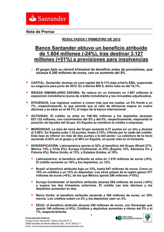 Nota de Prensa
                                   RESULTADOS I TRIMESTRE DE 2012

         Banco Santander obtuvo un beneficio atribuido
           de 1.604 millones (-24%), tras destinar 3.127
         millones (+51%) a provisiones para insolvencias
         El grupo bate su récord trimestral de beneficio antes de provisiones, que
          alcanza 6.280 millones de euros, con un aumento del 9%.


    CAPITAL. Santander alcanza un core capital del 9,11% bajo criterio EBA, superando
     su exigencia para junio de 2012. En criterios BIS II, dicho ratio es del 10,1%.

    RIESGO INMOBILIARIO ESPAÑA. Se reduce en un trimestre en 1.897 millones la
     exposición inmobiliaria (suma de crédito inmobiliario y los inmuebles adjudicados).

    EFICIENCIA. Los ingresos vuelven a crecer más que los costes, un 8% frente a un
     7%, respectivamente, lo que permite que el ratio de eficiencia mejore en cuatro
     décimas y se sitúe en el 44,7%, el mejor de la banca internacional.

    ACTIVIDAD. El crédito se sitúa en 746.382 millones y los depósitos alcanzan
     651.132 millones, con crecimientos del 5% y del 6%, respectivamente, mejorando la
     posición de liquidez del Grupo. En España se mantiene el crédito a empresas.

    MOROSIDAD. La tasa de mora del Grupo aumenta 0,37 puntos en un año y alcanza
     el 3,98%. En España sube 1,18 puntos, hasta 5,75%, influida por la caída del crédito.
     Esta tasa es inferior en más de dos puntos a la del sector. La cobertura de la mora
     asciende al 62% en el grupo y al 46% en España, un punto más en el trimestre.

    DIVERSIFICACIÓN. Latinoamérica aporta el 52% al beneficio del Grupo (Brasil 27%,
     México 13% y Chile 6%); Europa Continental, el 25% (España 12%, Alemania 5% y
     Polonia 4%); Reino Unido, el 13%, y Estados Unidos, el 10%.

         Latinoamérica: el beneficio atribuido se sitúa en 1.218 millones de euros (-4%).
          El crédito aumenta un 16% y los depósitos, un 12%.

         Brasil: el beneficio atribuido baja un 12%, hasta 647 millones de euros. Crece un
          19% en créditos y un 12% en depósitos. Los otros países de la región ganan 571
          millones de euros (+6%), de los que México aporta 296 millones (+16%).

         Europa Continental: el beneficio atribuido alcanza 584 millones de euros (-34%)
          y supera los dos trimestres anteriores. El crédito cae seis décimas y los
          depósitos aumentan en dos.

         Reino Unido: el beneficio atribuido asciende a 306 millones de euros, un 39%
          menos. Los créditos suben un 2% y los depósitos caen un 3%.

         EEUU: el beneficio atribuido alcanza 240 millones de euros, con Sovereign que
          aporta 146 millones (+14%). Créditos y depósitos aumentan a ritmos del 5% y el
          7%, respectivamente.
                                                           1
Comunicación Externa.
Ciudad Grupo Santander Edificio Arrecife Pl. 2
28660 Boadilla del Monte (Madrid) Telf.: 34 91 289 52 11
email: comunicacionbancosantander@gruposantander.com
 