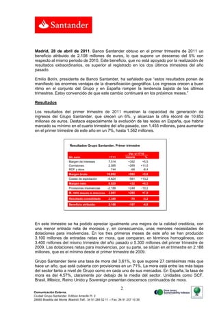 Madrid, 28 de abril de 2011. Banco Santander obtuvo en el primer trimestre de 2011 un
beneficio atribuido de 2.108 millone...