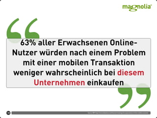 19
63% aller Erwachsenen Online-
Nutzer würden nach einem Problem
mit einer mobilen Transaktion
weniger wahrscheinlich bei diesem
Unternehmen einkaufen
Source IBM http://www.slideshare.net/Ikusmer/meeting-the-expectations-of-the-mobile-customer