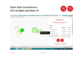 Open Data visualisieren:
bern.budget.opendata.ch
23.2.2016 Open Data 27
 