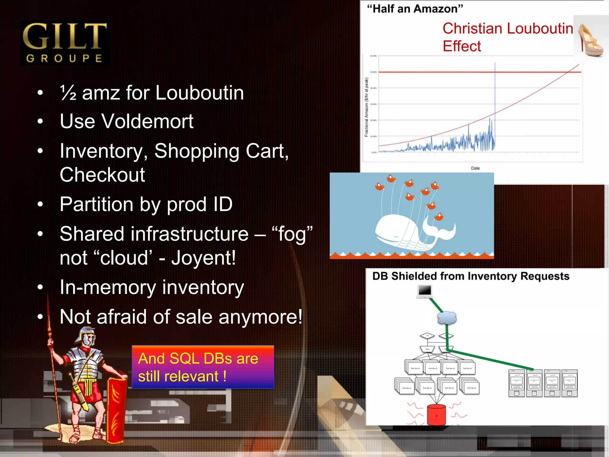 Christian Louboutin
                                   Effect


•  ½ amz for Louboutin
•  Use Voldemort
•  Inventory, Shopping Cart,
   Checkout
•  Partition by prod ID
•  Shared infrastructure – “fog”
   not “cloud’ - Joyent!
•  In-memory inventory
•  Not afraid of sale anymore!
           And SQL DBs are
           still relevant !
 
