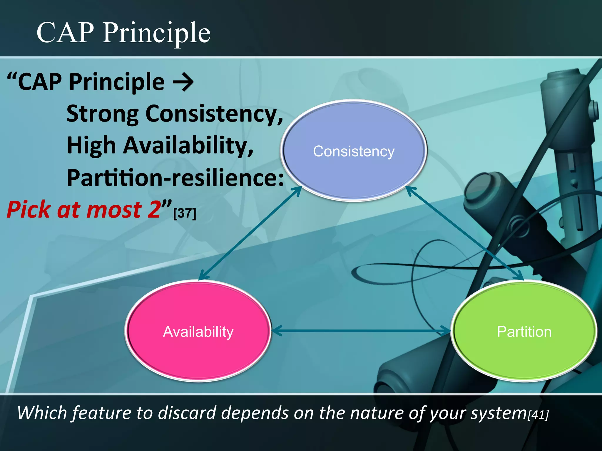 CAP Principle
“CAP	
  Principle	
  →	
  	
  
        	
  Strong	
  Consistency,	
  	
  
        	
  High	
  Availability,	
  	
                Consistency
        	
  Par::on-­‐resilience:	
  	
  
Pick	
  at	
  most	
  2”[37]



                            Availability                                                 Partition




 Which	
  feature	
  to	
  discard	
  depends	
  on	
  the	
  nature	
  of	
  your	
  system[41]	
  
 