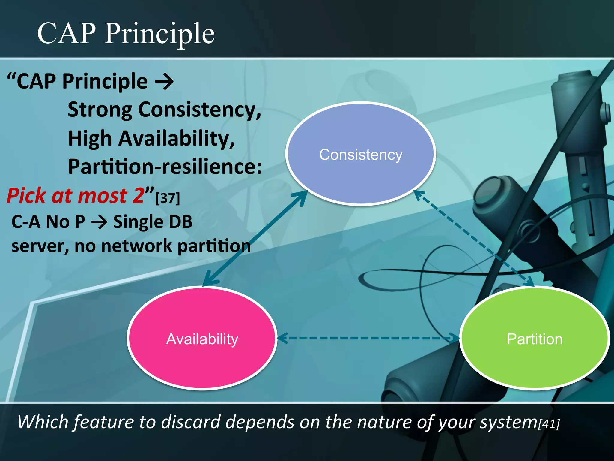 CAP Principle
“CAP	
  Principle	
  →	
  	
  
         	
  Strong	
  Consistency,	
  	
  
         	
  High	
  Availability,	
  	
  
                                                       Consistency
         	
  Par::on-­‐resilience:	
  	
  
Pick	
  at	
  most	
  2”[37]	
  
C-­‐A	
  No	
  P	
  →	
  Single	
  DB	
  
server,	
  no	
  network	
  par::on	
  



                            Availability                                                 Partition




 Which	
  feature	
  to	
  discard	
  depends	
  on	
  the	
  nature	
  of	
  your	
  system[41]	
  
 