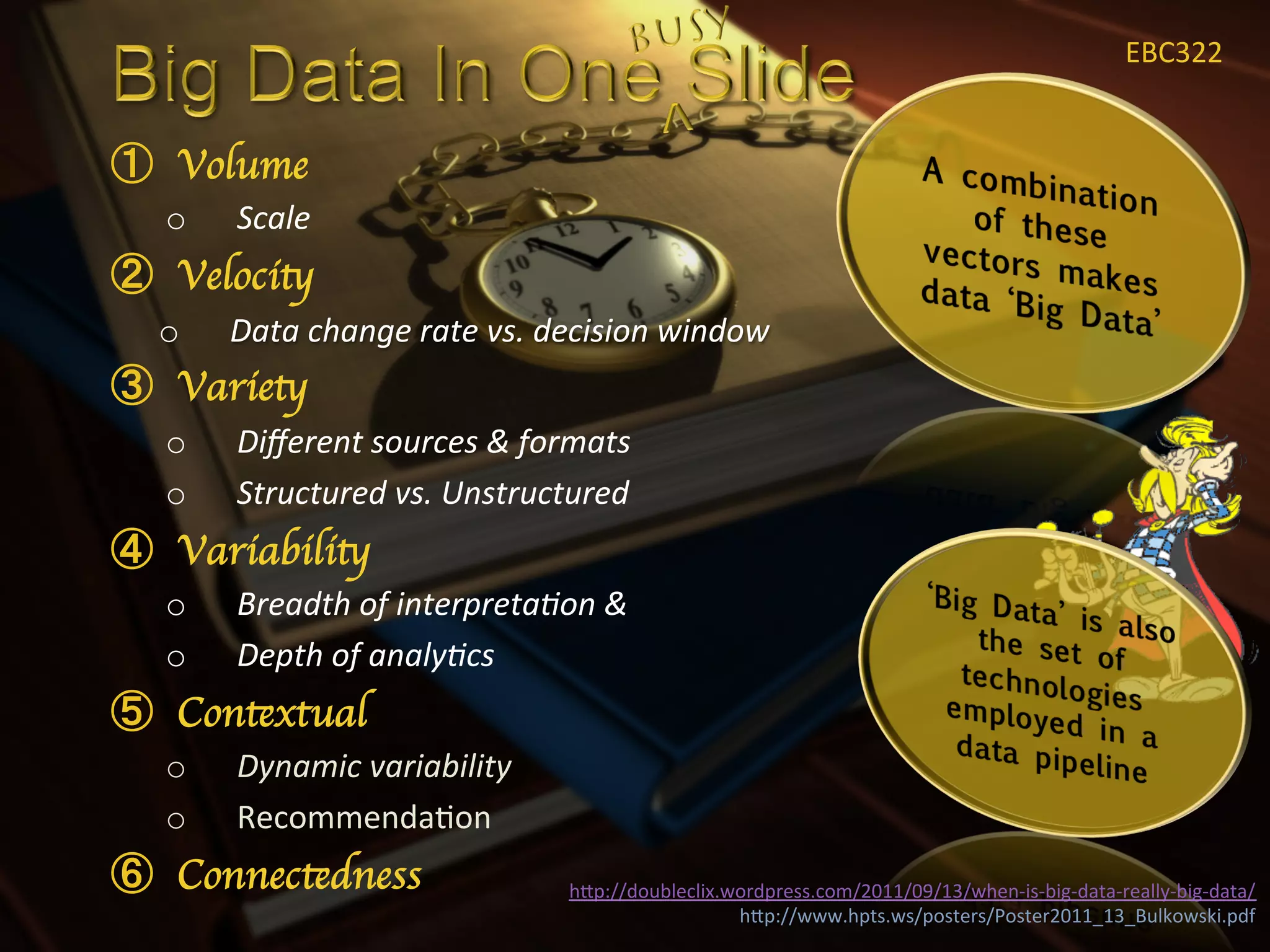 EBC322	
  


  Volume	

o    Scale	
  
  Velocity	

o    Data	
  change	
  rate	
  vs.	
  decision	
  window	
  
  Variety	

o    Diﬀerent	
  sources	
  &	
  formats	
  
o    Structured	
  vs.	
  Unstructured	
  
  Variability	

o    Breadth	
  of	
  interpreta<on	
  &	
  
o    Depth	
  of	
  analy<cs	
  
  Contextual	

o    Dynamic	
  variability	
  
o    RecommendaXon	
  
  Connectedness	

                     hIp://doubleclix.wordpress.com/2011/09/13/when-­‐is-­‐big-­‐data-­‐really-­‐big-­‐data/	
  
                                                         hIp://www.hpts.ws/posters/Poster2011_13_Bulkowski.pdf	
  
 
