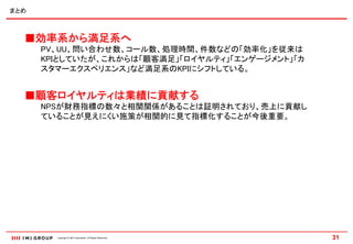 まとめ



  ■効率系から満足系へ
      PV、UU、問い合わせ数、コール数、処理時間、件数などの「効率化」を従来は
      KPIとしていたが、これからは「顧客満足」「ロイヤルティ」「エンゲージメント」「カ
      スタマーエクスペリエンス」など満足系のKPIにシフトしている。


  ■顧客ロイヤルティは業績に貢献する
      NPSが財務指標の数々と相関関係があることは証明されており、売上に貢献し
      ていることが見えにくい施策が相関的に見て指標化することが今後重要。




        Copyright © IMJ Corporation. All Rights Reserved.   31
 
