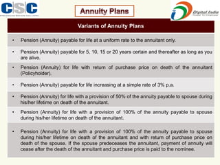 Variants of Annuity Plans
• Pension (Annuity) payable for life at a uniform rate to the annuitant only.
• Pension (Annuity) payable for 5, 10, 15 or 20 years certain and thereafter as long as you
are alive.
• Pension (Annuity) for life with return of purchase price on death of the annuitant
(Policyholder).
• Pension (Annuity) payable for life increasing at a simple rate of 3% p.a.
• Pension (Annuity) for life with a provision of 50% of the annuity payable to spouse during
his/her lifetime on death of the annuitant.
• Pension (Annuity) for life with a provision of 100% of the annuity payable to spouse
during his/her lifetime on death of the annuitant.
• Pension (Annuity) for life with a provision of 100% of the annuity payable to spouse
during his/her lifetime on death of the annuitant and with return of purchase price on
death of the spouse. If the spouse predeceases the annuitant, payment of annuity will
cease after the death of the annuitant and purchase price is paid to the nominee.
 
