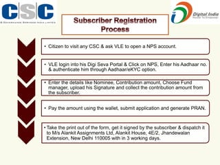 • Citizen to visit any CSC & ask VLE to open a NPS account.
• VLE login into his Digi Seva Portal & Click on NPS, Enter his Aadhaar no.
& authenticate him through Aadhaar/eKYC option.
• Enter the details like Nominee, Contribution amount, Choose Fund
manager, upload his Signature and collect the contribution amount from
the subscriber.
• Pay the amount using the wallet, submit application and generate PRAN.
• Take the print out of the form, get it signed by the subscriber & dispatch it
to M/s Alankit Assignments Ltd, Alankit House, 4E/2, Jhandewalan
Extension, New Delhi 110005 with in 3 working days.
 