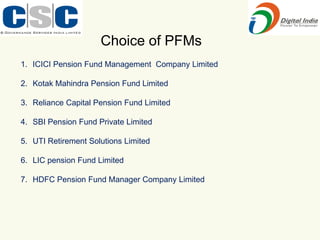 Choice of PFMs
1. ICICI Pension Fund Management Company Limited
2. Kotak Mahindra Pension Fund Limited
3. Reliance Capital Pension Fund Limited
4. SBI Pension Fund Private Limited
5. UTI Retirement Solutions Limited
6. LIC pension Fund Limited
7. HDFC Pension Fund Manager Company Limited
 